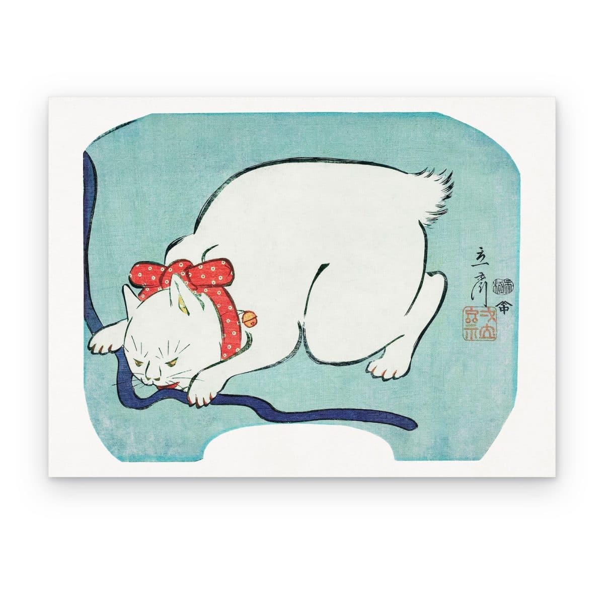 Cuadro Gato Blanco con Listón impreso en canvas, grabado japonés de gato