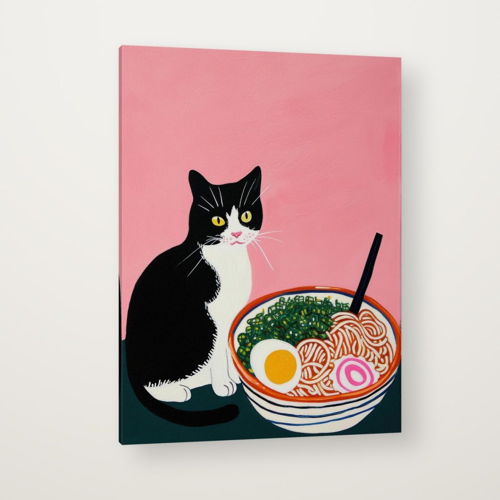 Gato y Ramen en canvas con canto en espejo