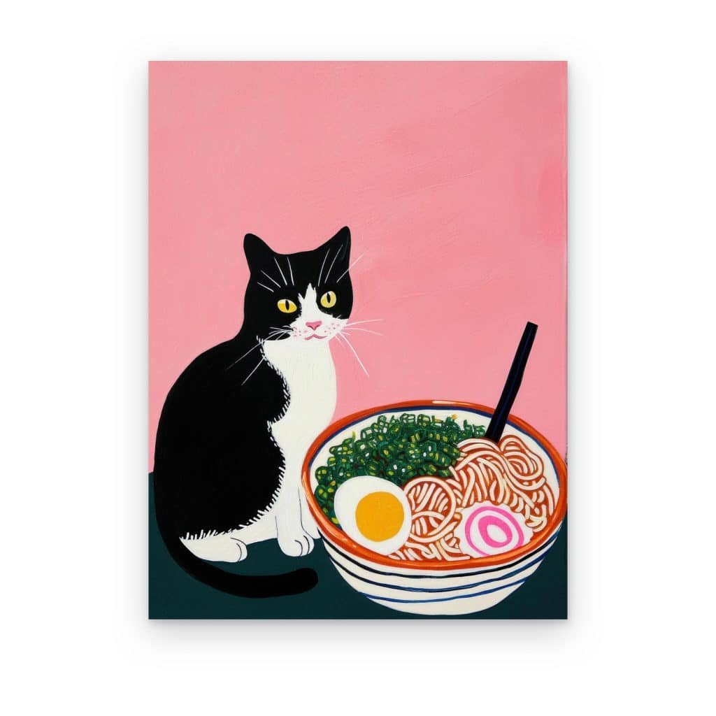 Cuadro Gato y Ramen impreso en canvas, gato blanco y negro junto a un tazón de ramen