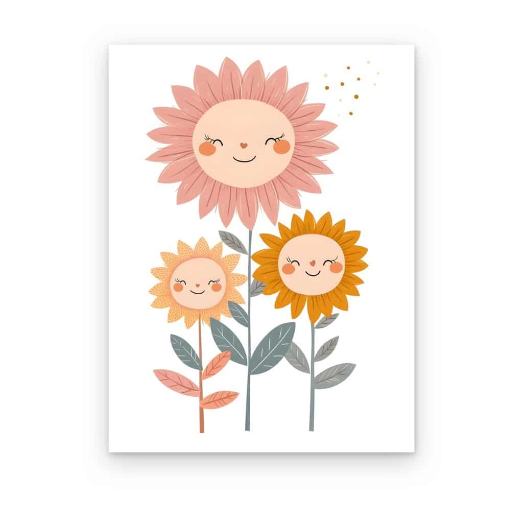Cuadro Girasoles Sonrientes impreso en canvas, tres flores sonrientes con mejillas rosadas