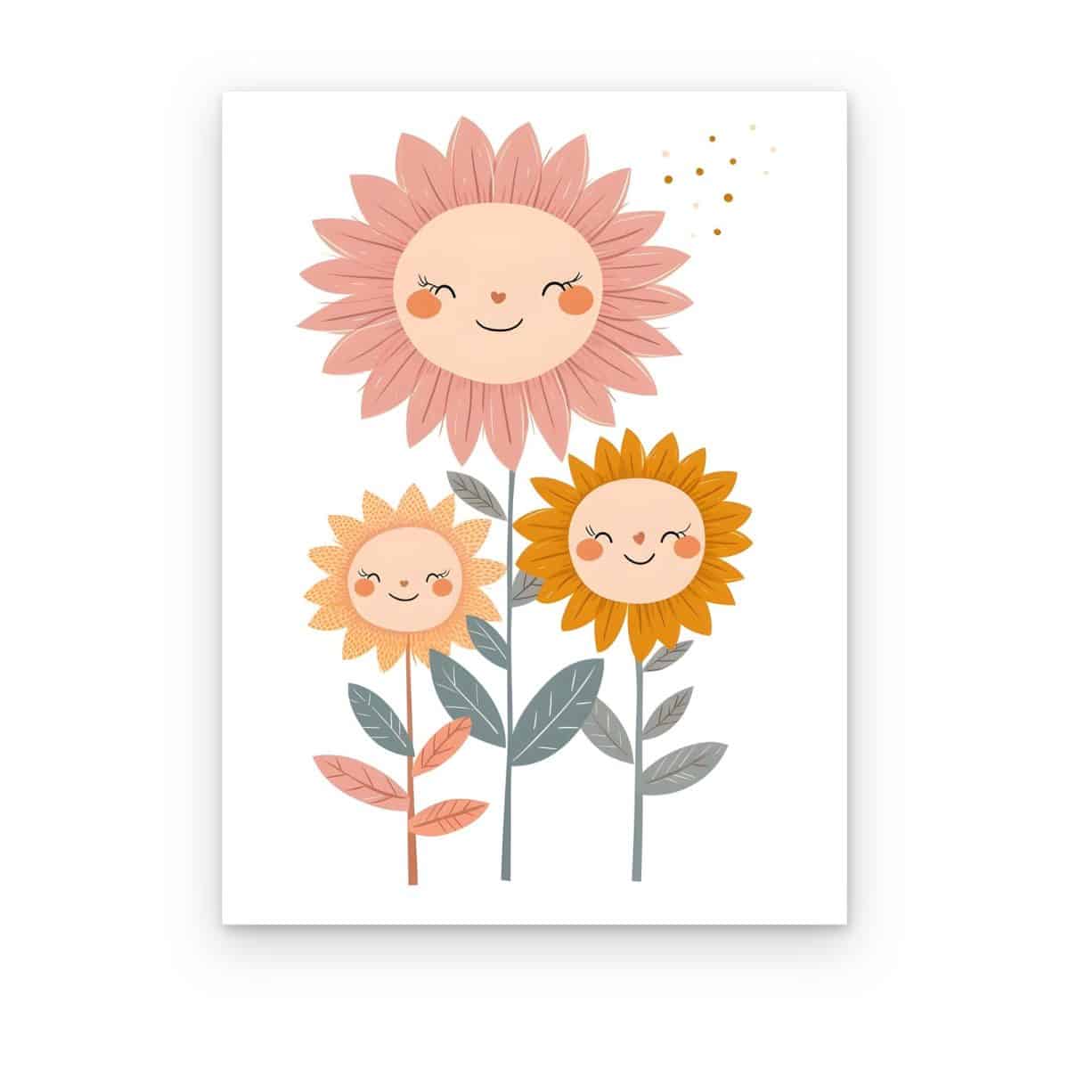 Cuadro Girasoles Sonrientes impreso en canvas, tres flores sonrientes con mejillas rosadas