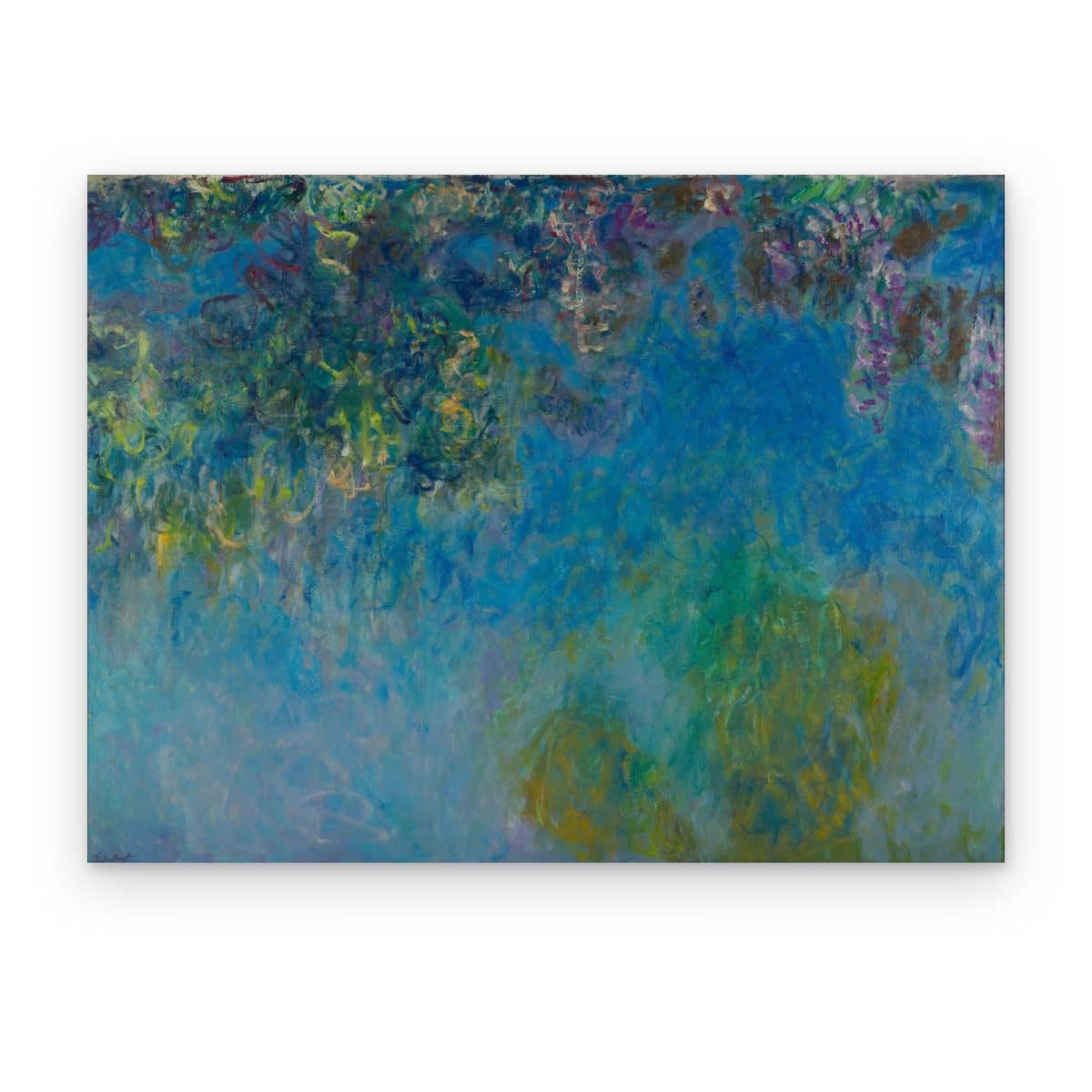 Cuadro Glicinas de Monet impreso en canvas, racimos morados de glicina sobre fondo azul verdoso