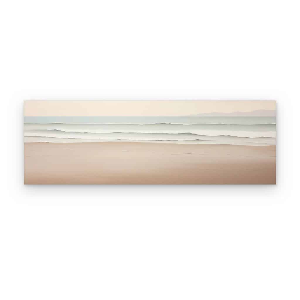 Cuadro Horizonte Sereno impreso en canvas, playa minimalista con nubes durazno