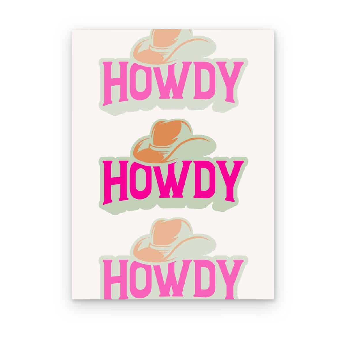 Cuadro Howdy Howdy Howdy impreso en canvas, palabra howdy en rosa repetida con sombreros vaqueros