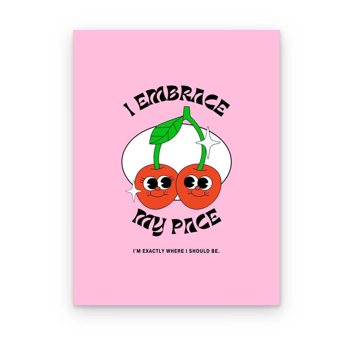 Cuadro I Embrace My Pace impreso en canvas, cerezas rojas de caricatura con letras groovy sobre fondo rosa