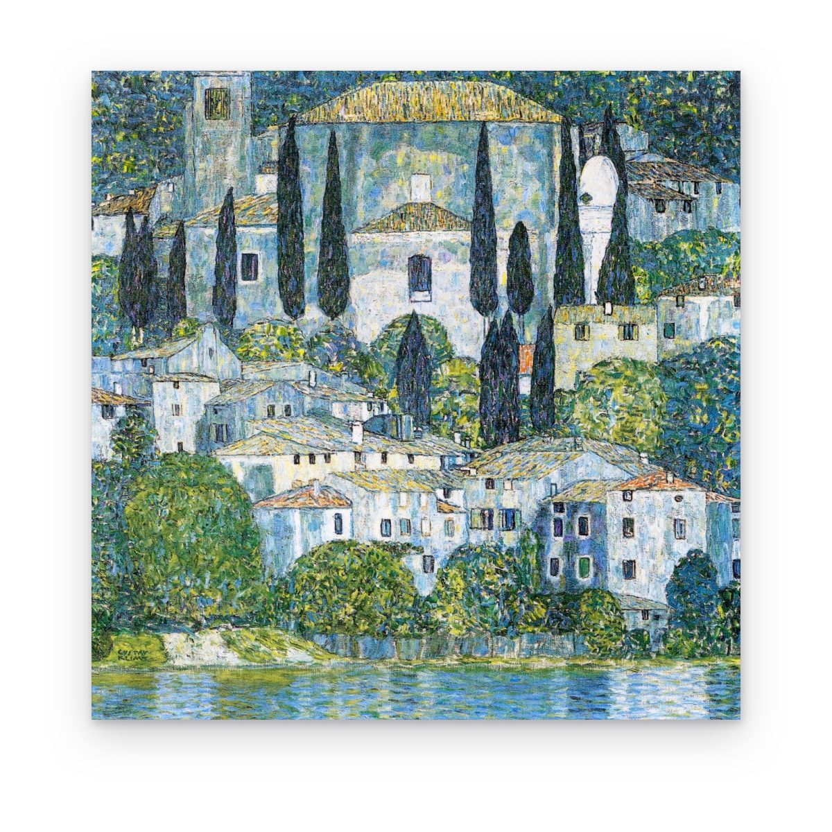 Cuadro Iglesia en Cassone de Klimt impreso en canvas, pueblo junto al lago