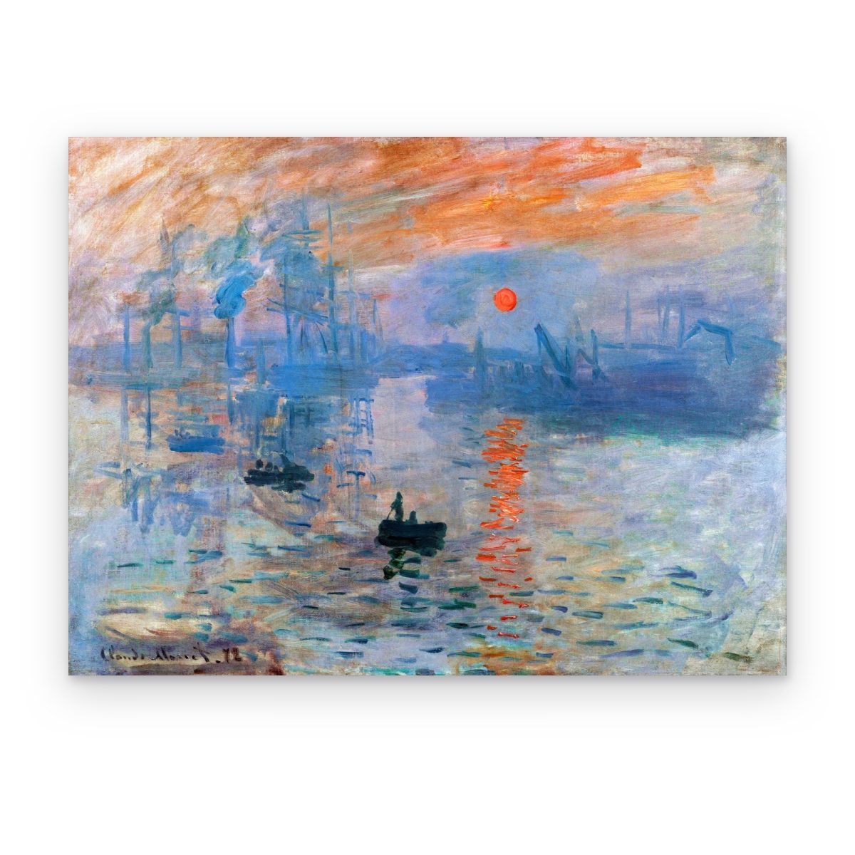 Cuadro Impresión, Sol Naciente impreso en canvas, sol naranja sobre el puerto en bruma azul con barcas