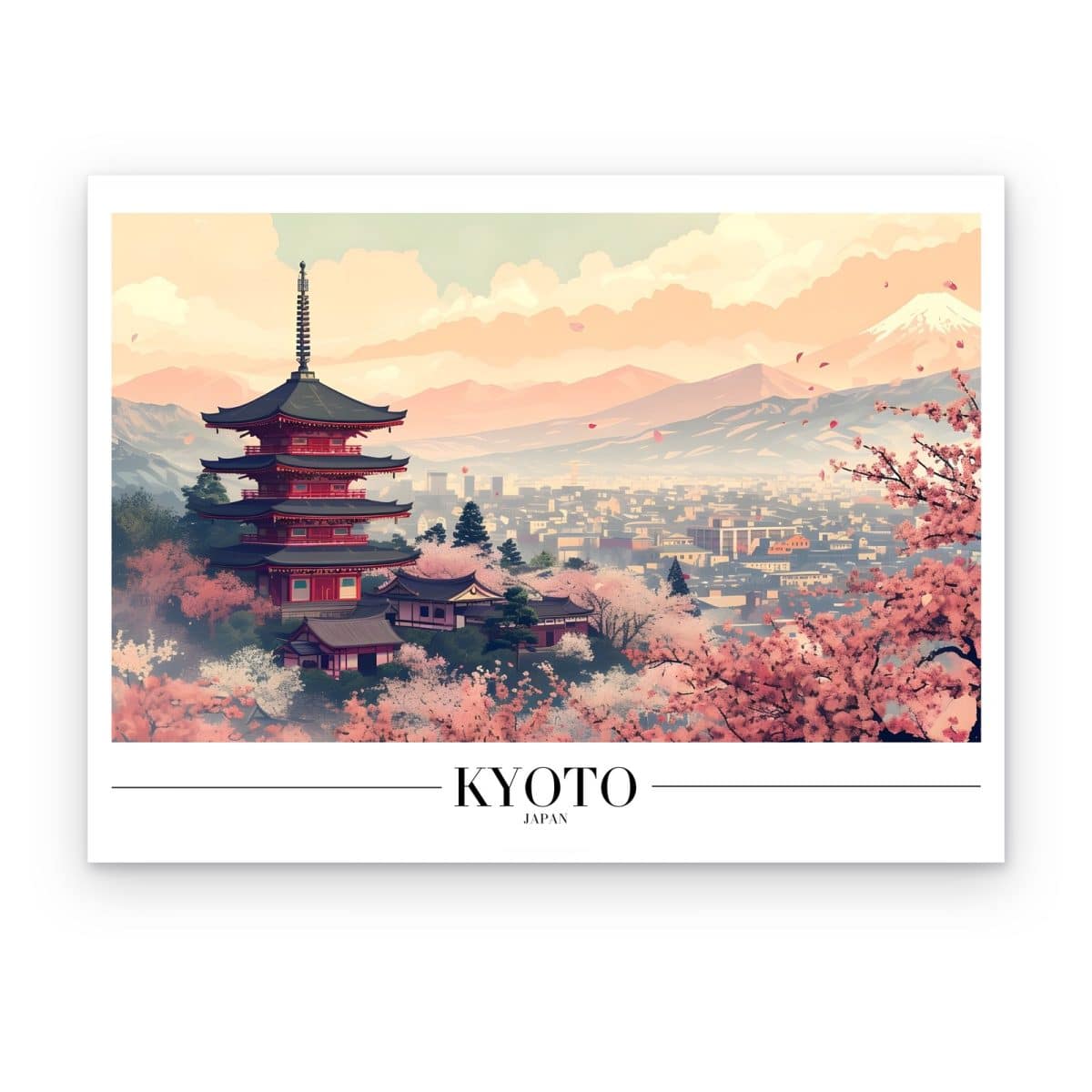 Cuadro Kioto en Primavera impreso en canvas, pagoda roja entre cerezos en flor con monte nevado al fondo