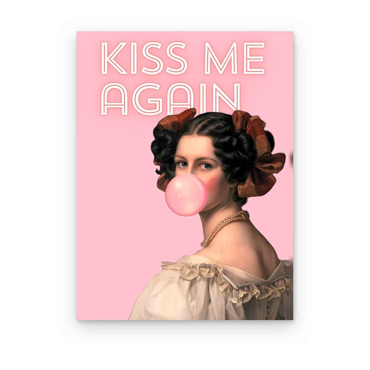 Cuadro Kiss Me Again impreso en canvas, dama clásica con moños haciendo bomba de chicle sobre fondo rosa