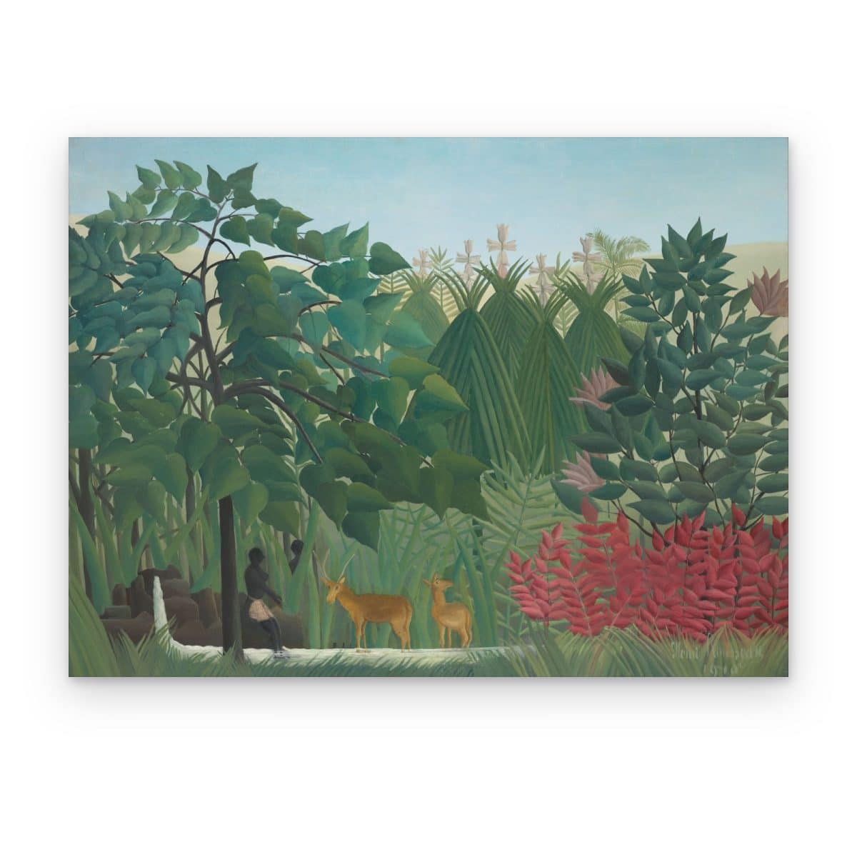 Cuadro La Cascada de Rousseau impreso en canvas, selva verde con dos venados y plantas rojas