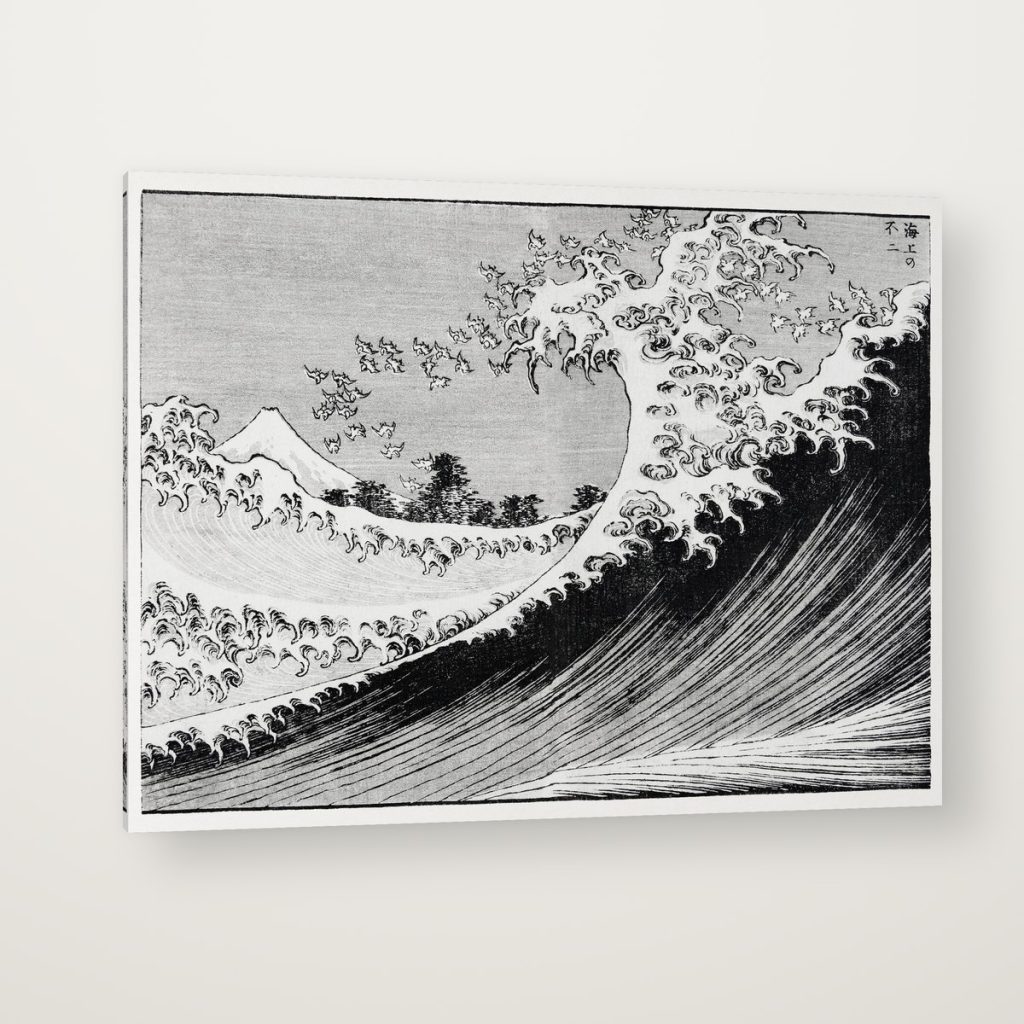 La Ola en Tinta de Hokusai en canvas con canto en espejo