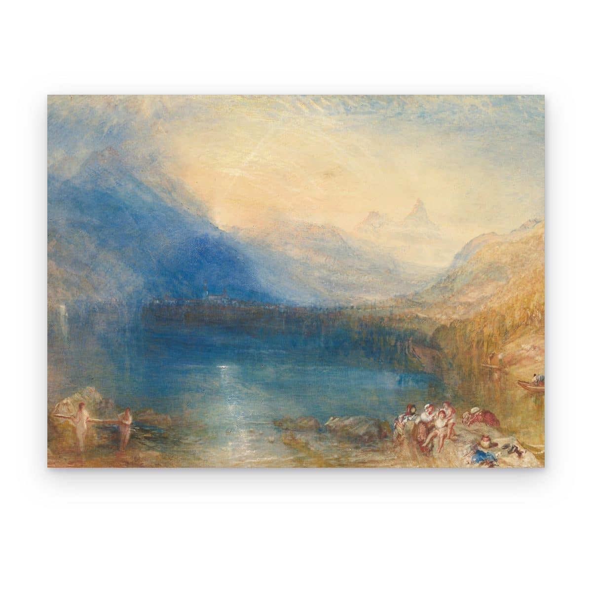 Cuadro Lago de Zug impreso en canvas, montañas azules y luz dorada sobre el lago en acuarela