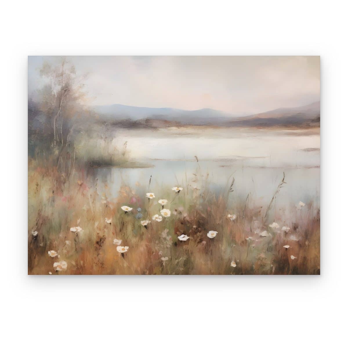 Cuadro Lago entre Flores impreso en canvas, flores silvestres blancas frente a un lago con bruma