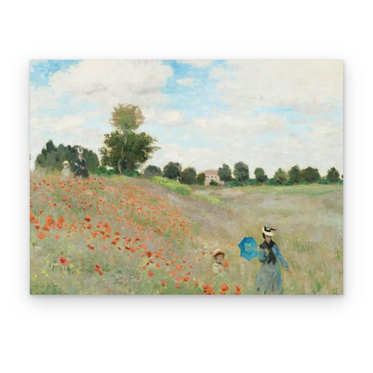 Cuadro Las Amapolas impreso en canvas, campo de amapolas rojas con mujer de sombrilla y niño