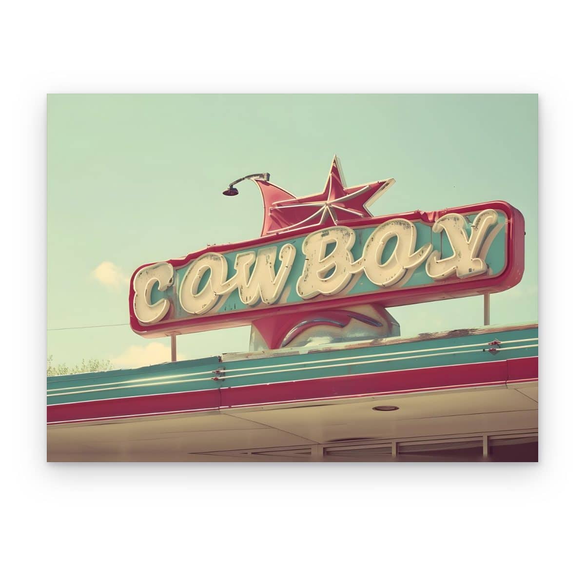 Cuadro Letrero Cowboy impreso en canvas, letrero neón retro Cowboy con estrella rosa