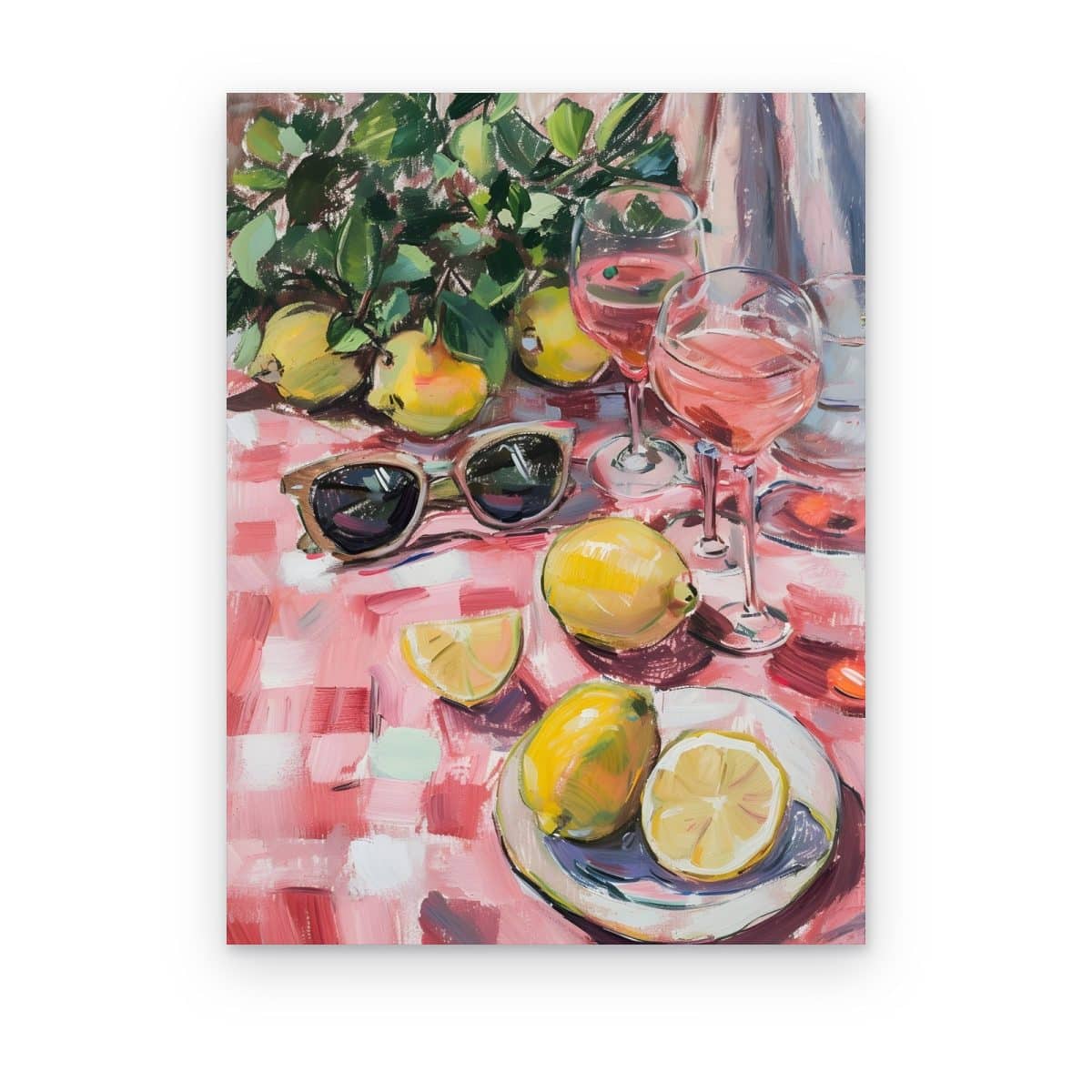 Cuadro Limones y Rosado impreso en canvas, limones, lentes de sol y copas de rosado sobre mantel rosa