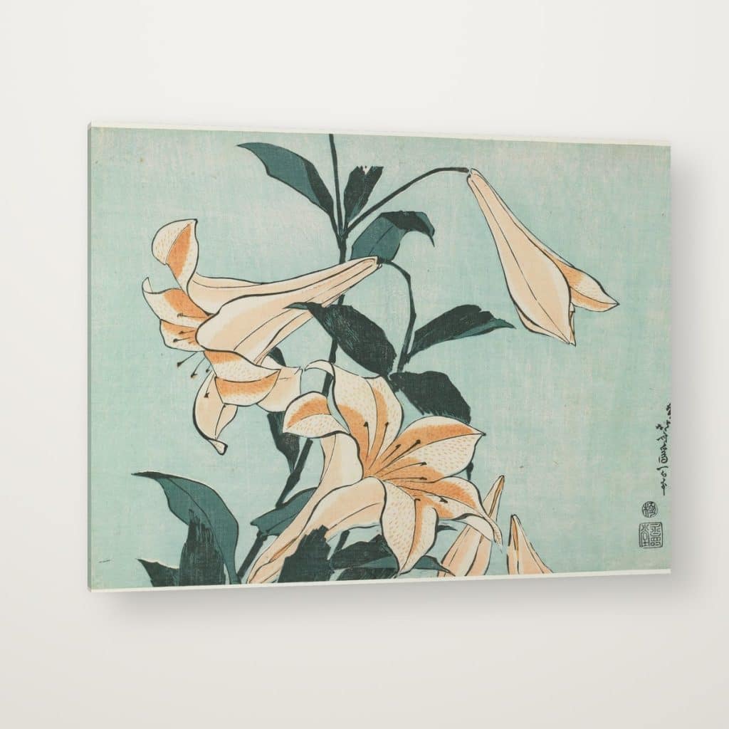 Lirios de Hokusai en canvas con canto en espejo