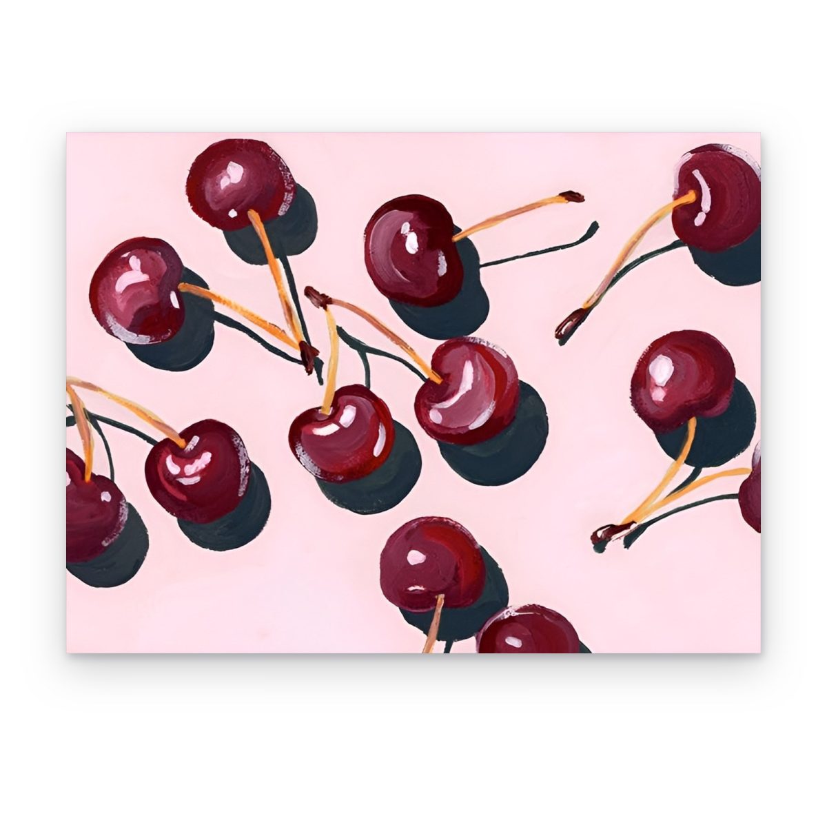 Cuadro Lluvia de Cerezas impreso en canvas, cerezas rojas dispersas con sombras sobre fondo rosa pálido