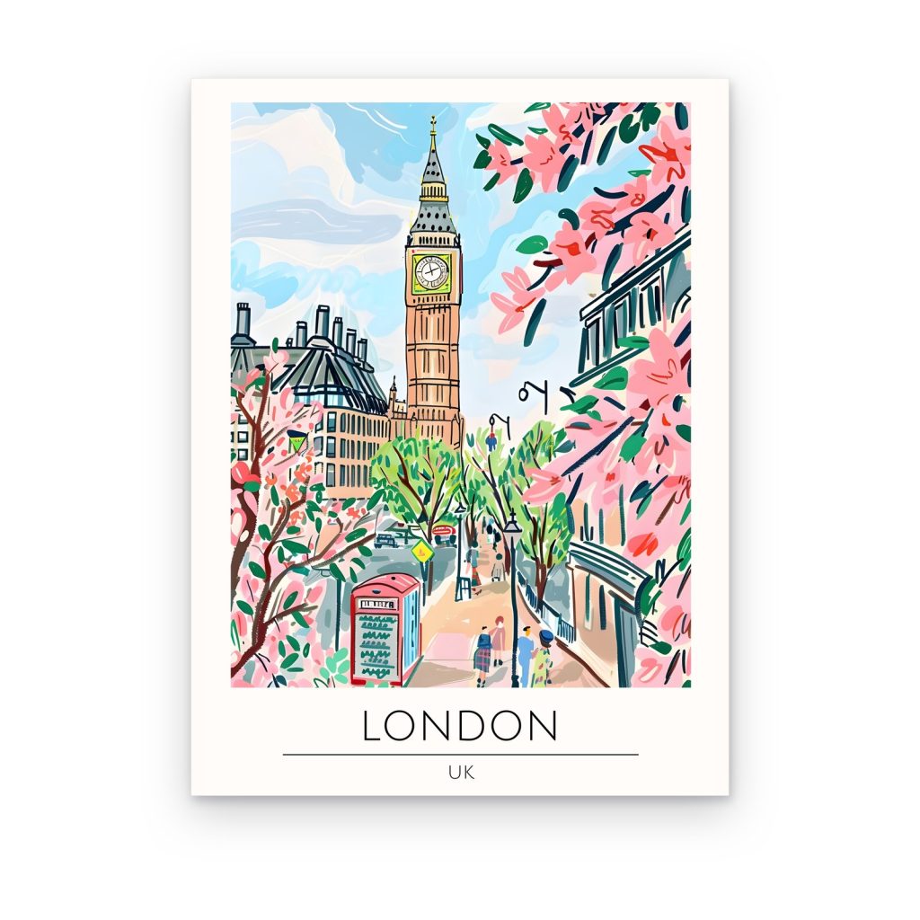 Cuadro Londres en Flor impreso en canvas, Big Ben entre cerezos en flor rosa y cabina roja, póster de viaje