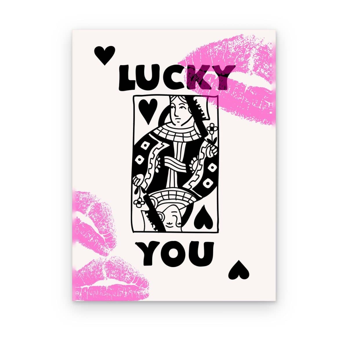Cuadro Lucky You con Besos impreso en canvas, carta de reina en blanco y negro con besos de labial rosa