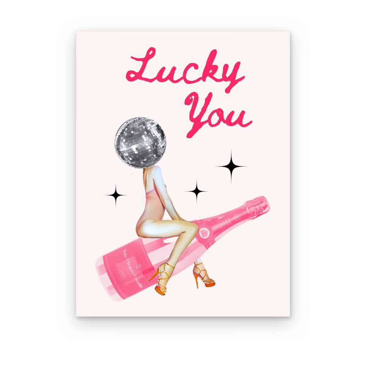 Cuadro Lucky You Disco impreso en canvas, mujer con cabeza de bola disco sobre botella de champaña rosa