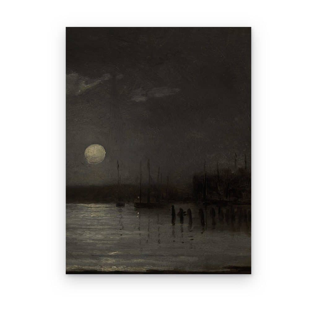 Cuadro Luna sobre el Puerto impreso en canvas, luna llena sobre un puerto oscuro con barcos y reflejos