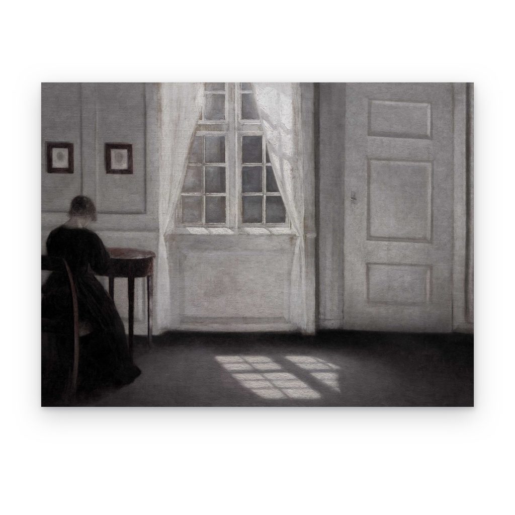 Cuadro Luz en la Ventana impreso en canvas, mujer de negro junto a una ventana iluminada