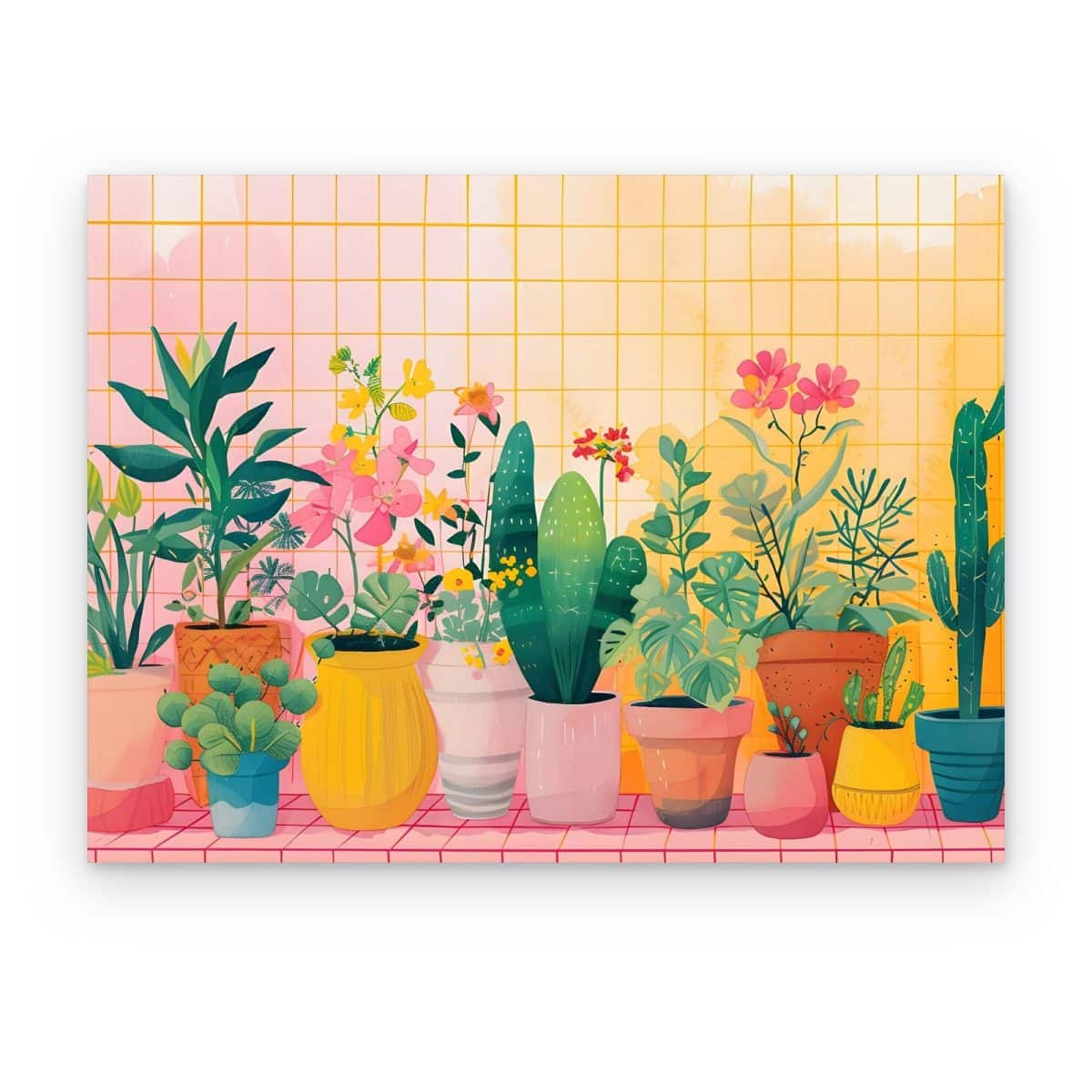 Cuadro Macetas al Sol impreso en canvas, cactus y plantas en macetas de colores