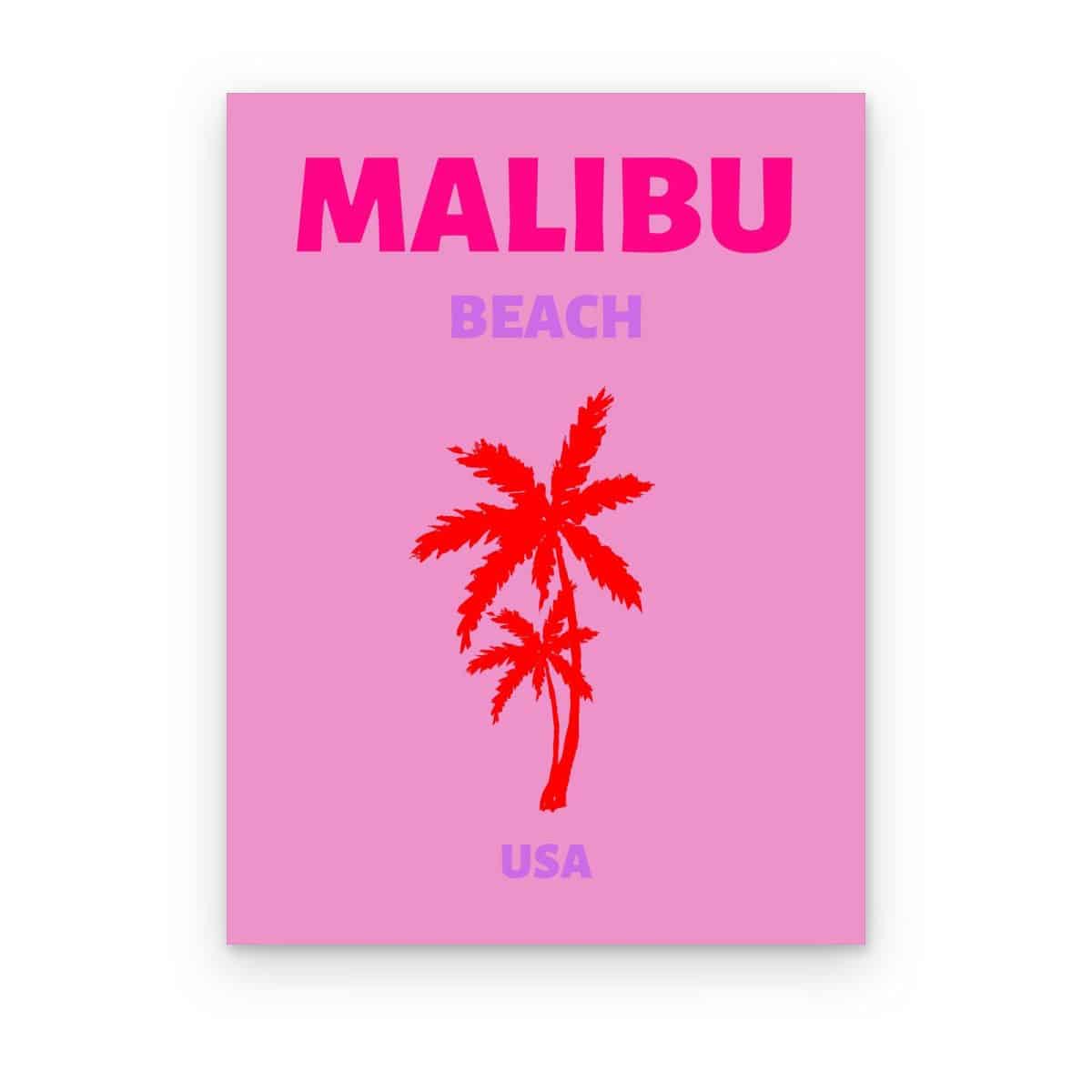 Cuadro Malibu Preppy impreso en canvas, póster preppy de Malibu con palmeras rojas sobre fondo rosa
