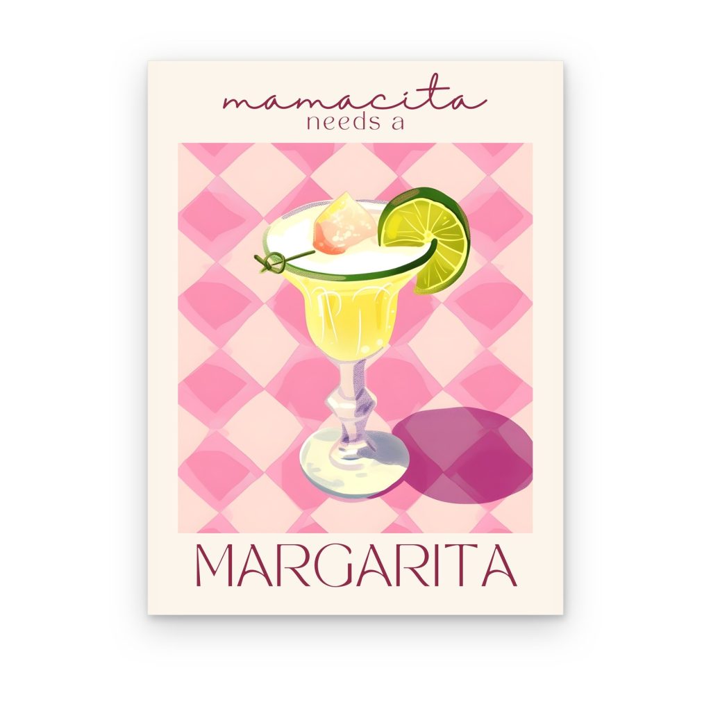 Cuadro Mamacita Needs a Margarita impreso en canvas, copa de margarita con limón sobre rombos rosas