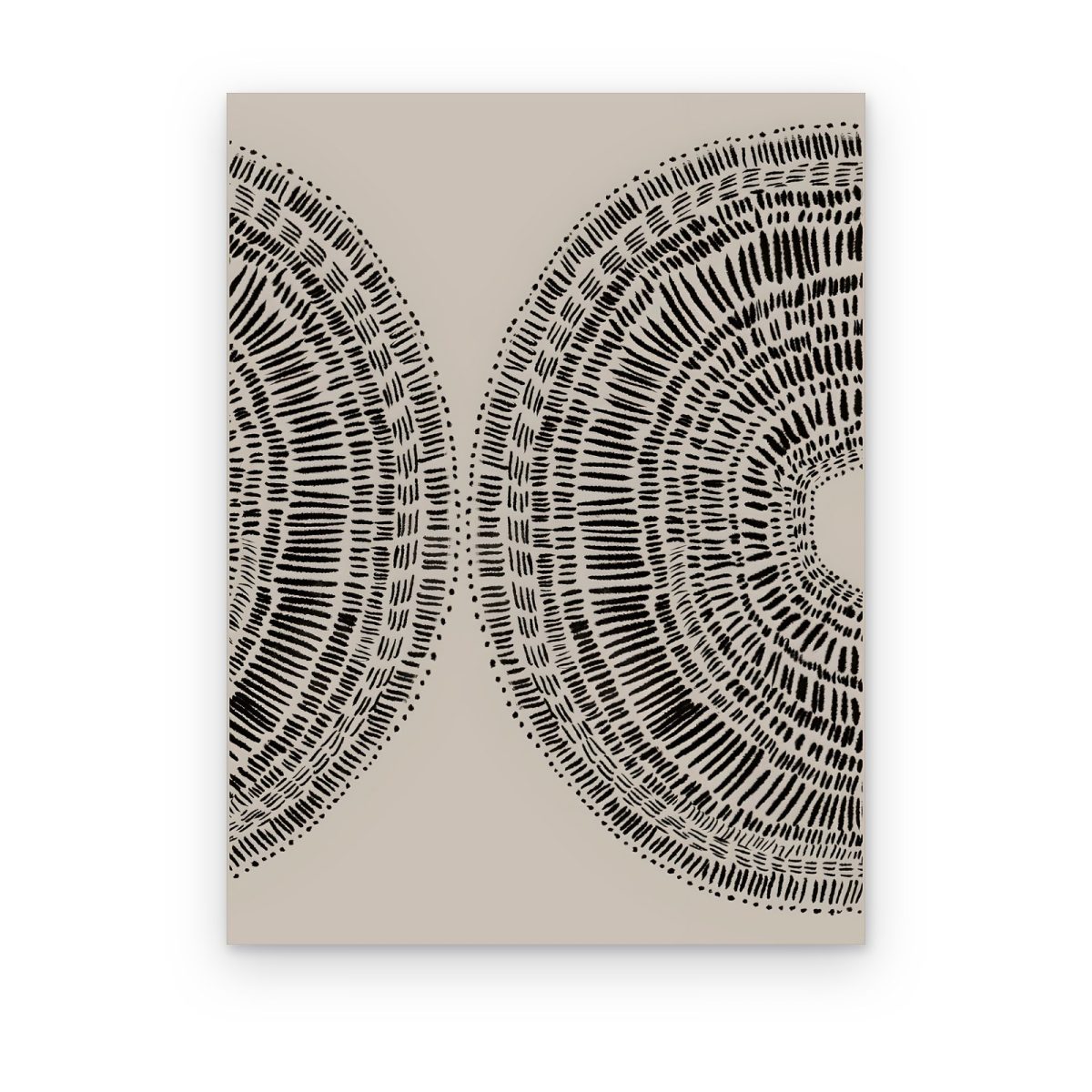 Cuadro Mandalas en Espejo impreso en canvas, dos medios mandalas de trazos negros sobre fondo gris