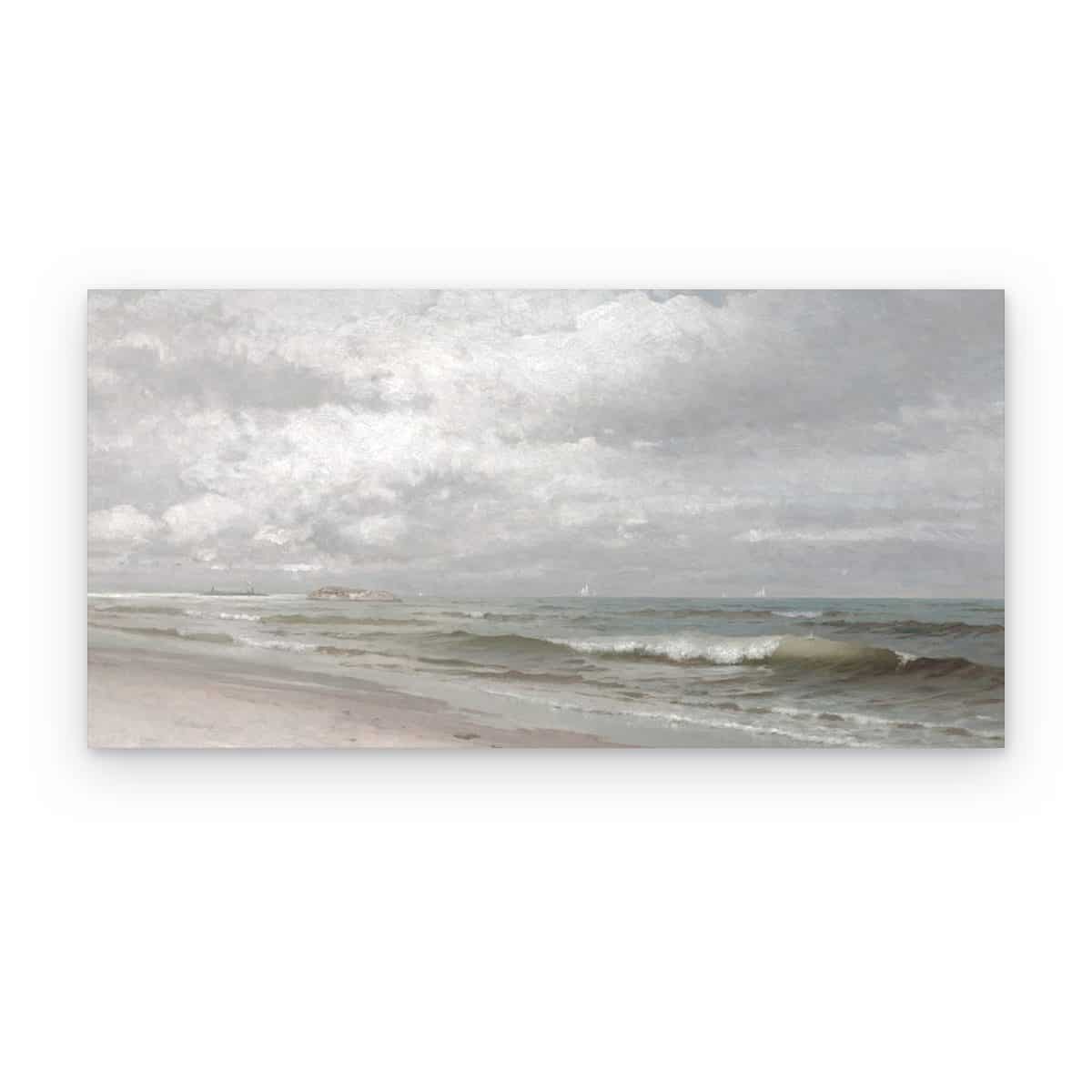 Cuadro Mar Gris impreso en canvas, mar nublado al óleo con olas y playa pálida