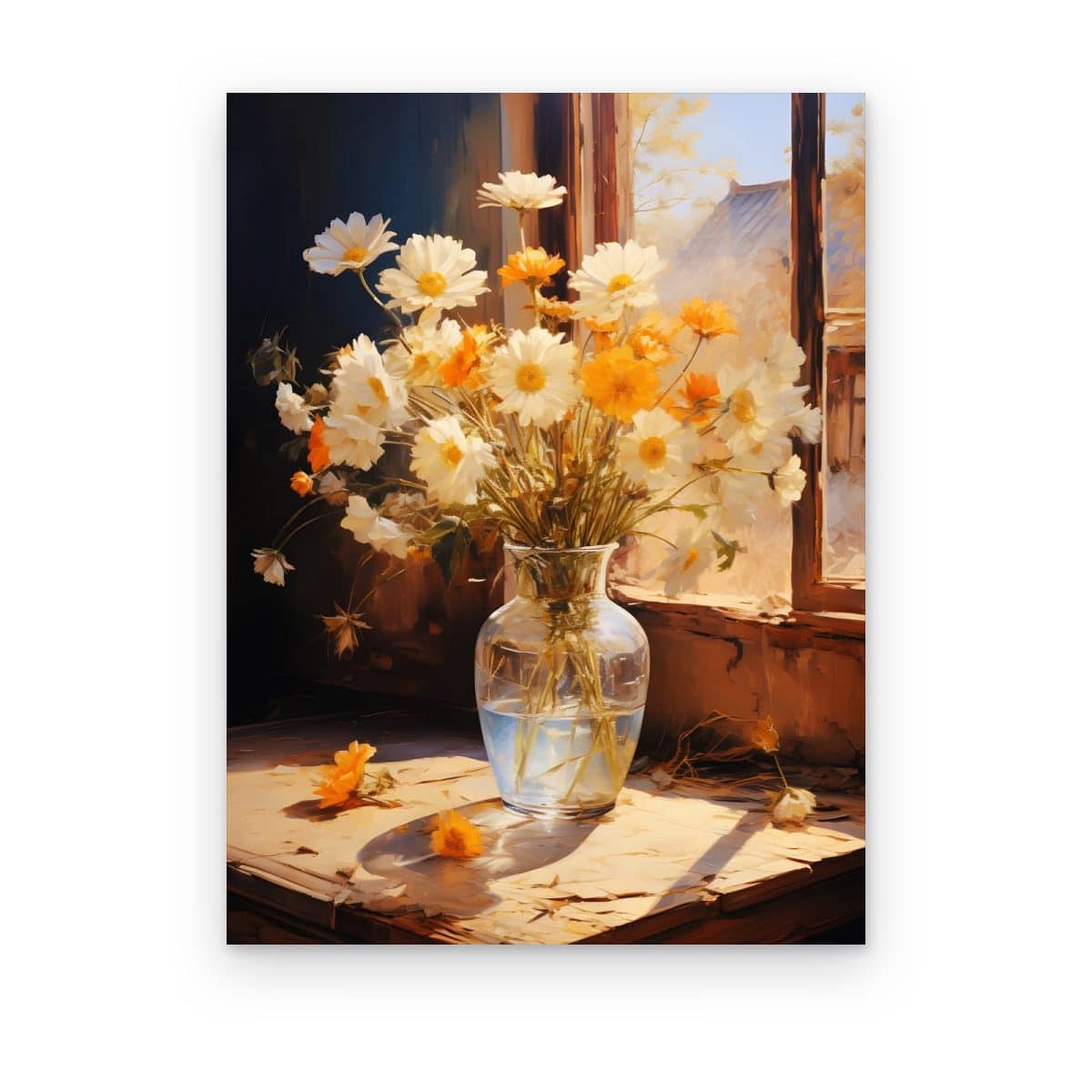 Cuadro Margaritas al Sol impreso en canvas, margaritas blancas y naranjas en jarrón de vidrio junto a una ventana