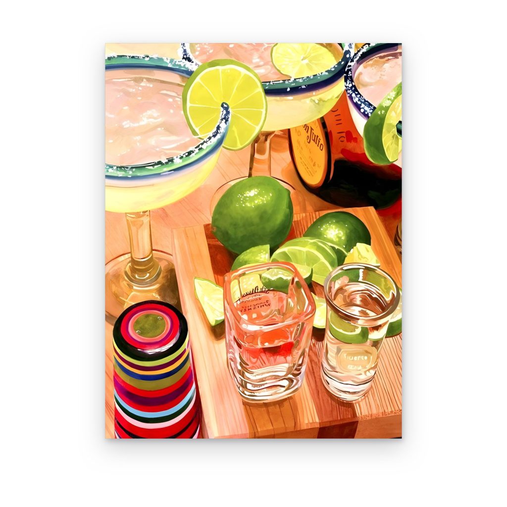 Cuadro Margaritas y Tequila impreso en canvas, margaritas escarchadas, caballitos de tequila y limones