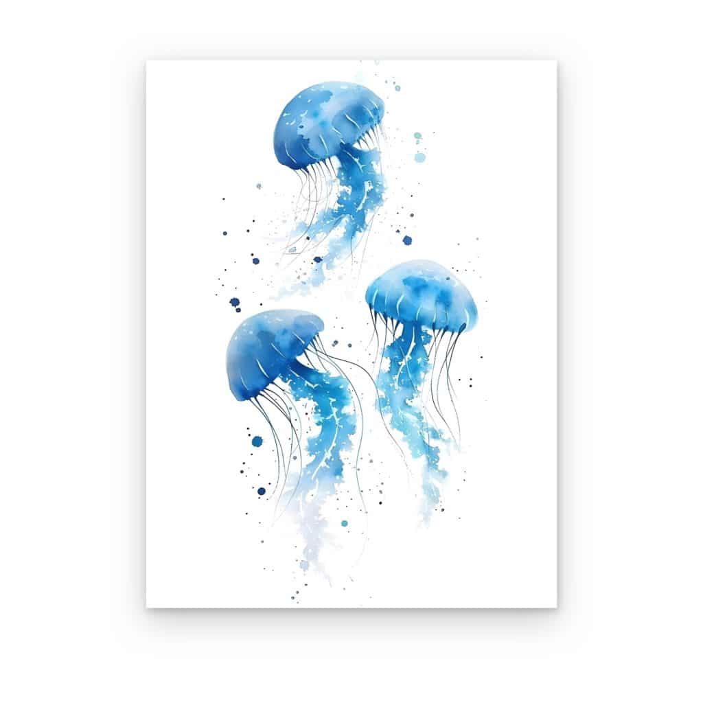 Cuadro Medusas Azules impreso en canvas, tres medusas azules en acuarela