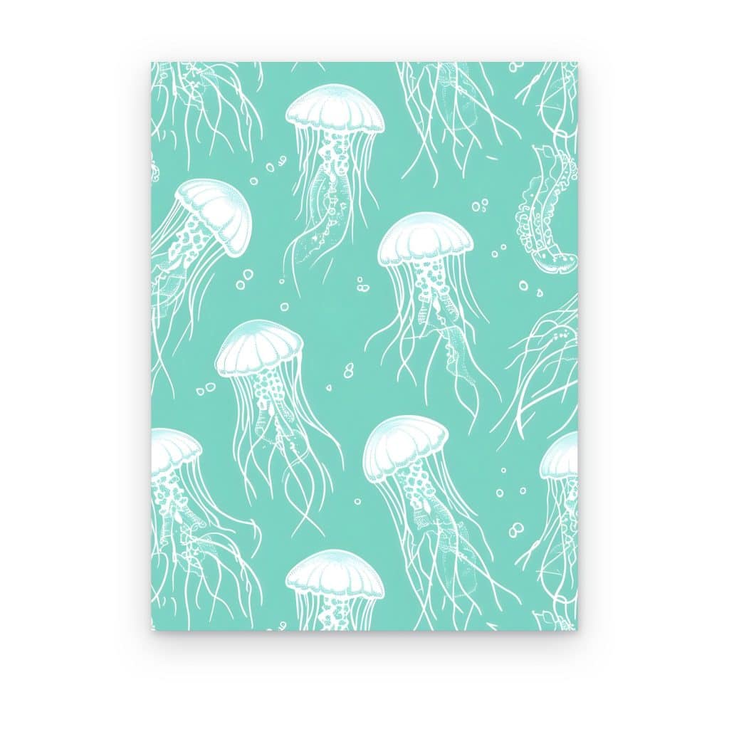 Cuadro Medusas Menta impreso en canvas, medusas blancas en línea sobre fondo verde menta