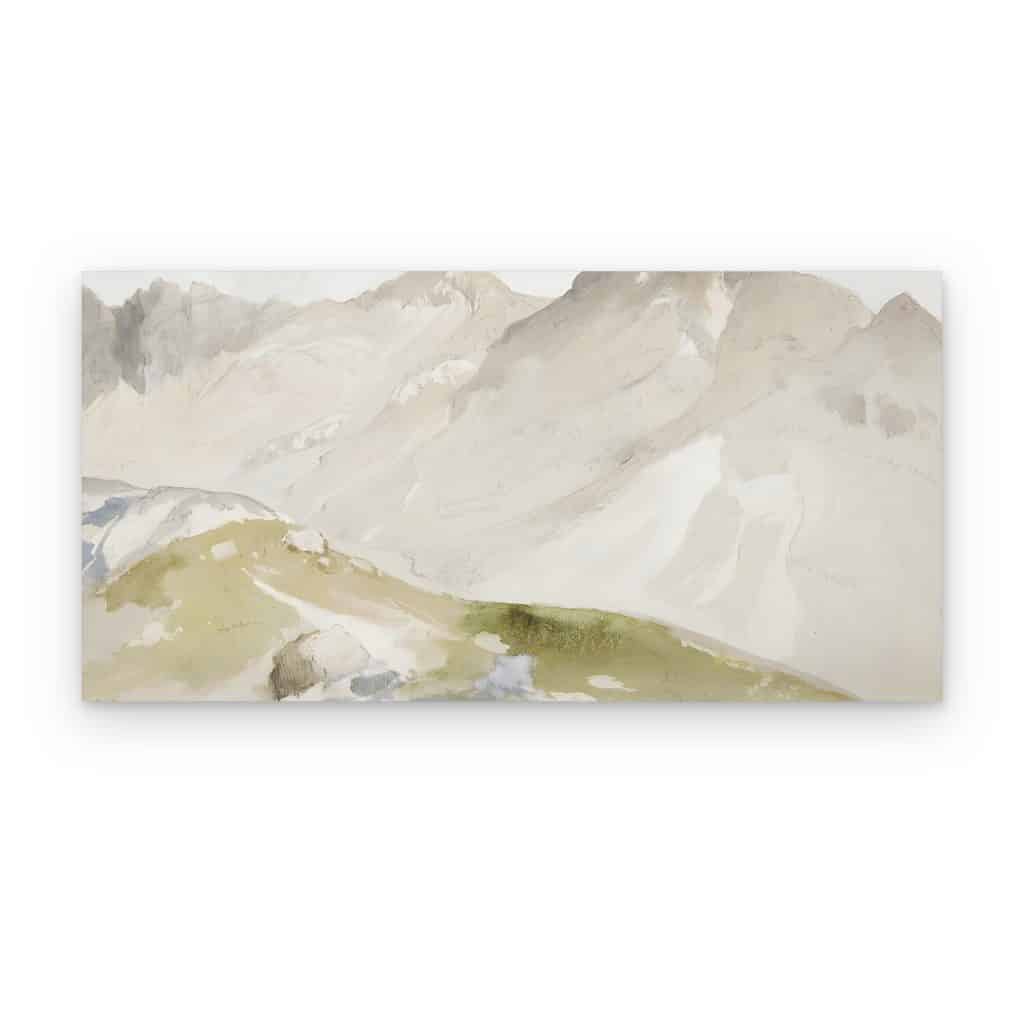 Cuadro Montañas en Acuarela impreso en canvas, montañas beige y grises con ladera verde