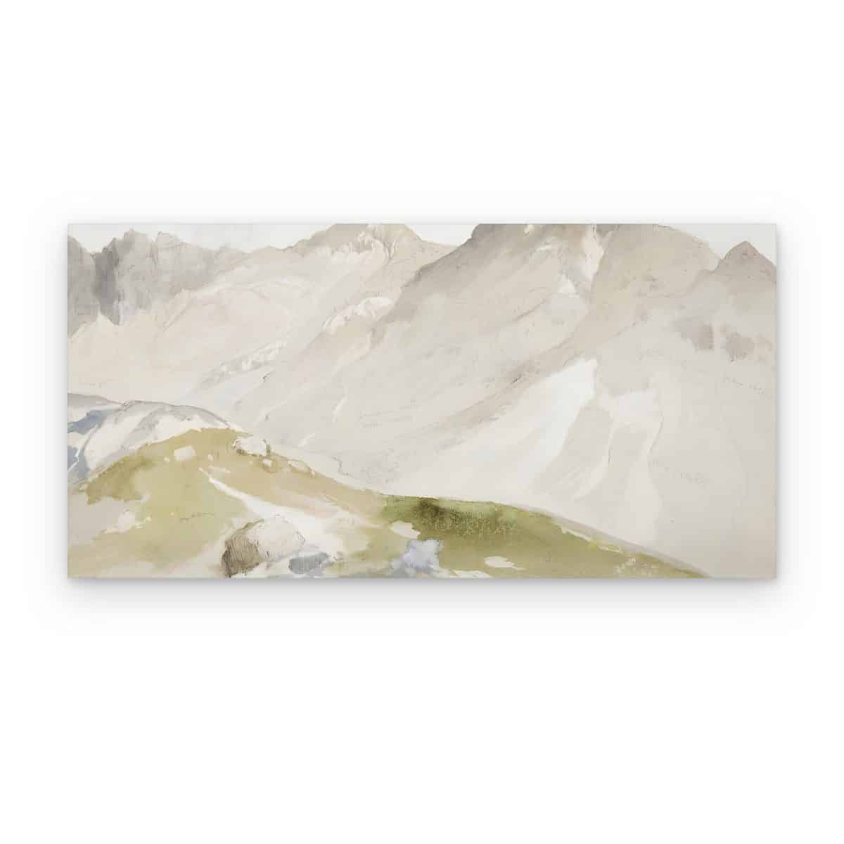 Cuadro Montañas en Acuarela impreso en canvas, montañas beige y grises con ladera verde