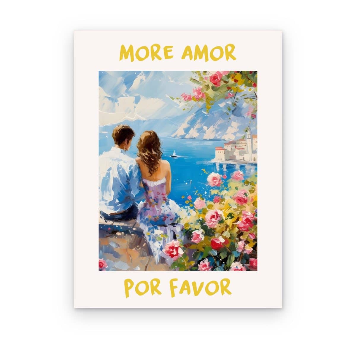 Cuadro More Amor Por Favor impreso en canvas, pareja frente al mar entre rosas con letras amarillas