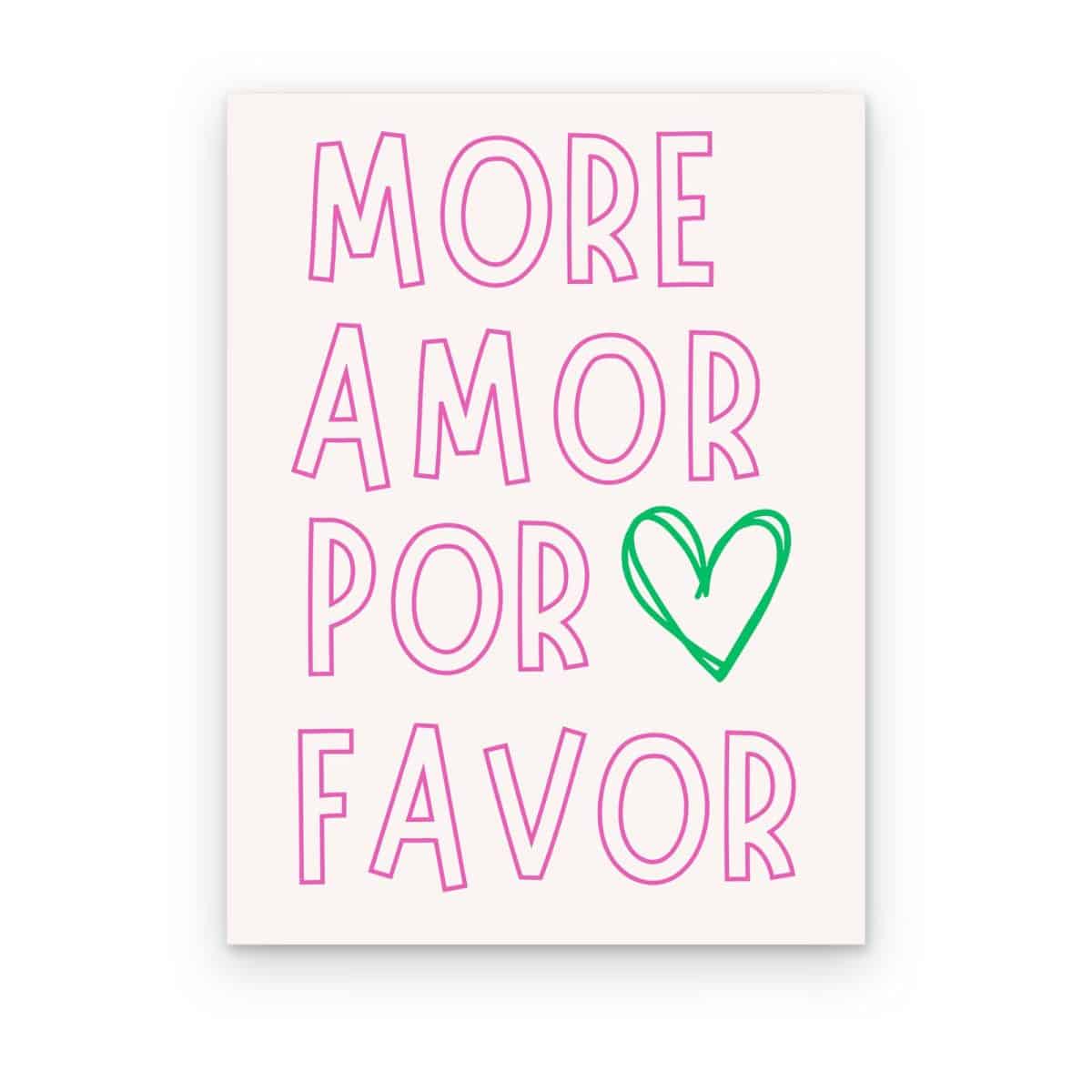 Cuadro More Amor Rosa impreso en canvas, letras de contorno rosa con corazón verde sobre fondo crema