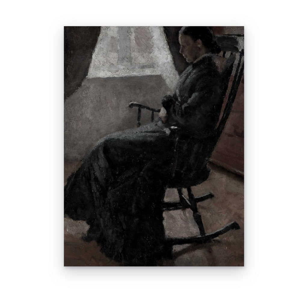 Cuadro Mujer en la Mecedora impreso en canvas, mujer de oscuro en mecedora junto a ventana