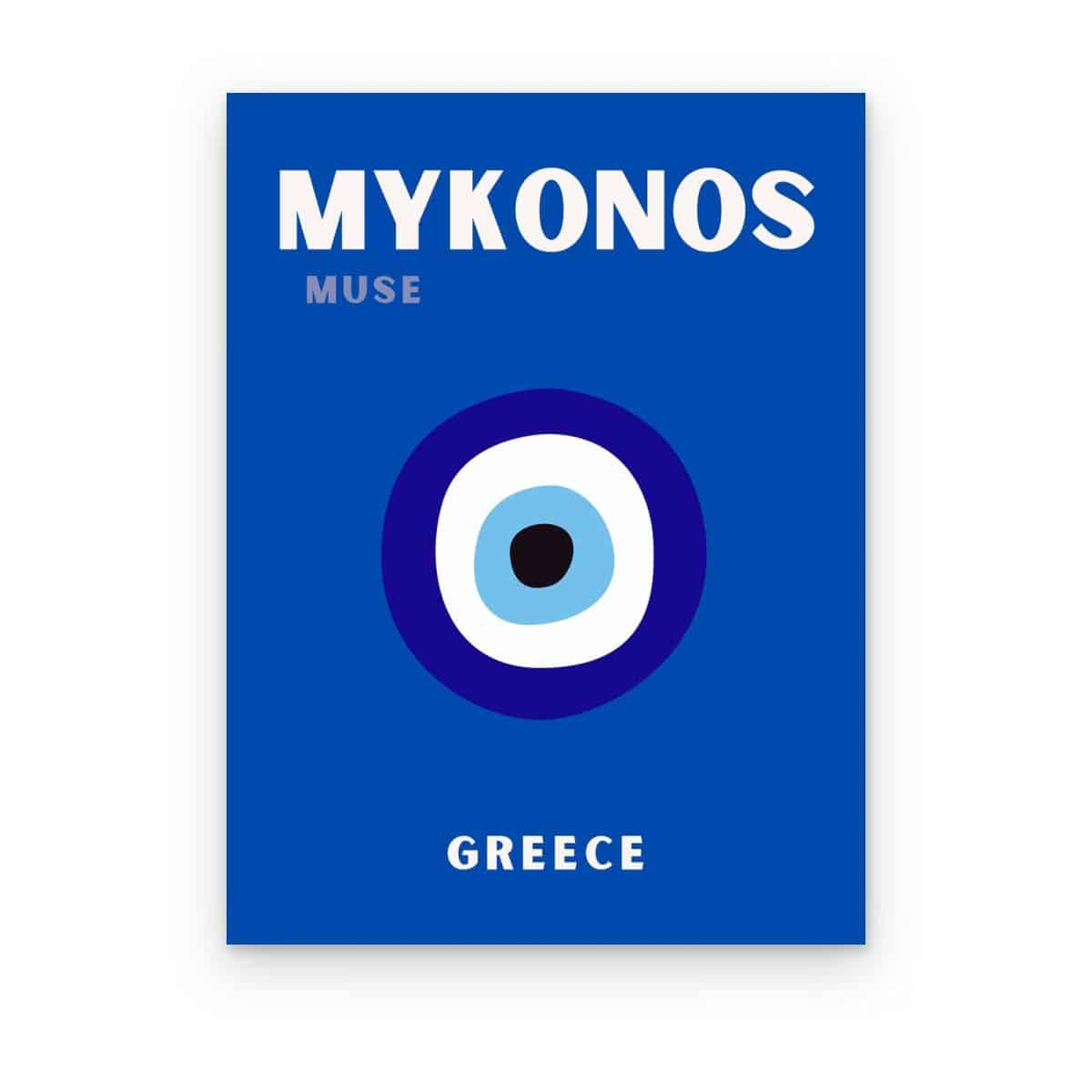 Cuadro Mykonos Preppy impreso en canvas, póster preppy de Mykonos con ojo turco sobre azul rey