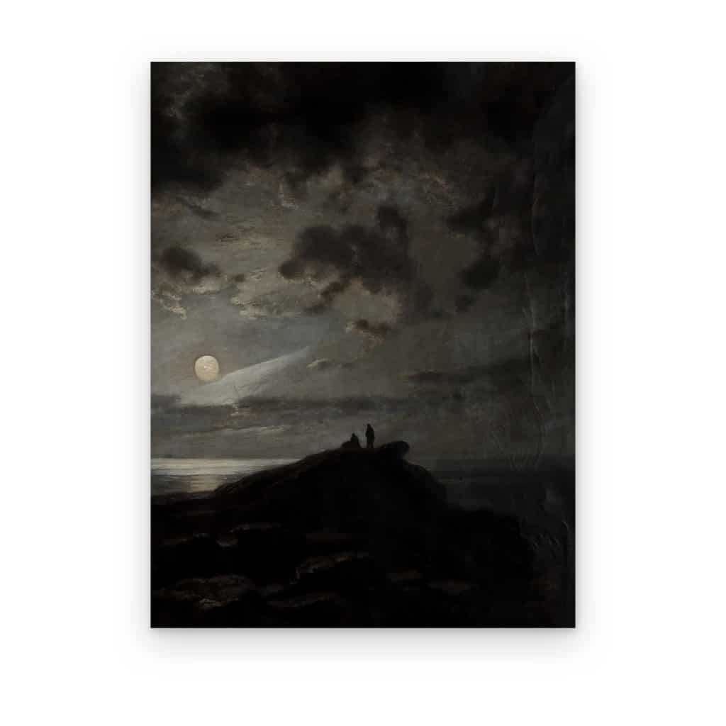 Cuadro Noche de Luna impreso en canvas, figuras en una colina bajo la luna y nubes