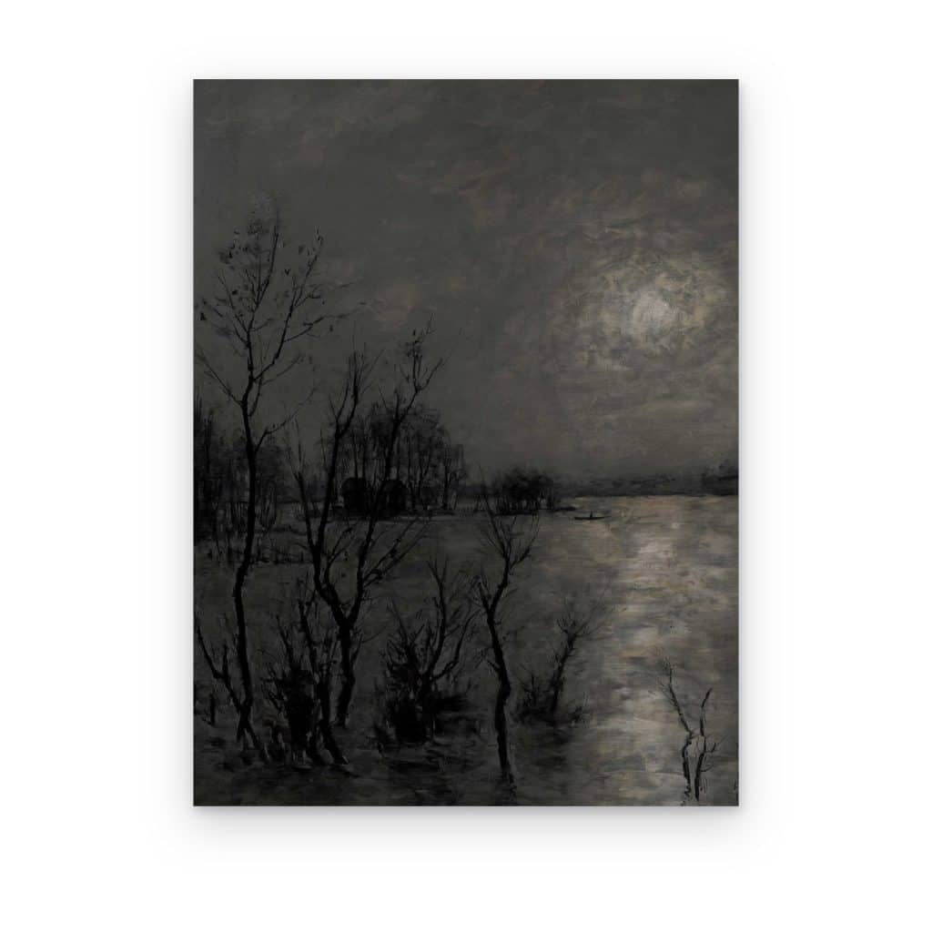 Cuadro Noche Plateada impreso en canvas, río inundado bajo la luna con árboles desnudos en gris plateado