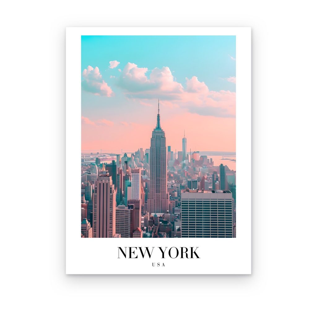 Cuadro Nueva York Pastel impreso en canvas, Empire State y rascacielos de Nueva York bajo cielo rosa y turquesa
