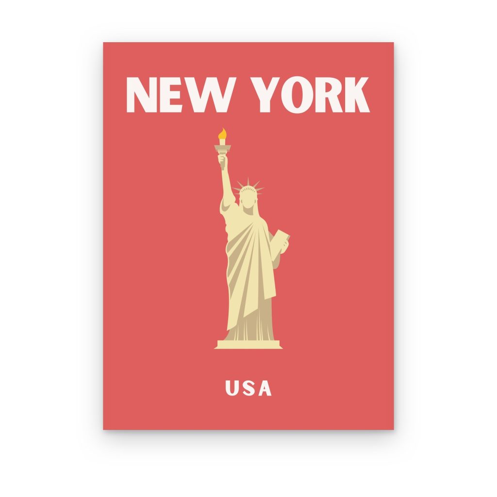 Cuadro Nueva York Preppy impreso en canvas, Estatua de la Libertad crema sobre fondo coral con letras blancas