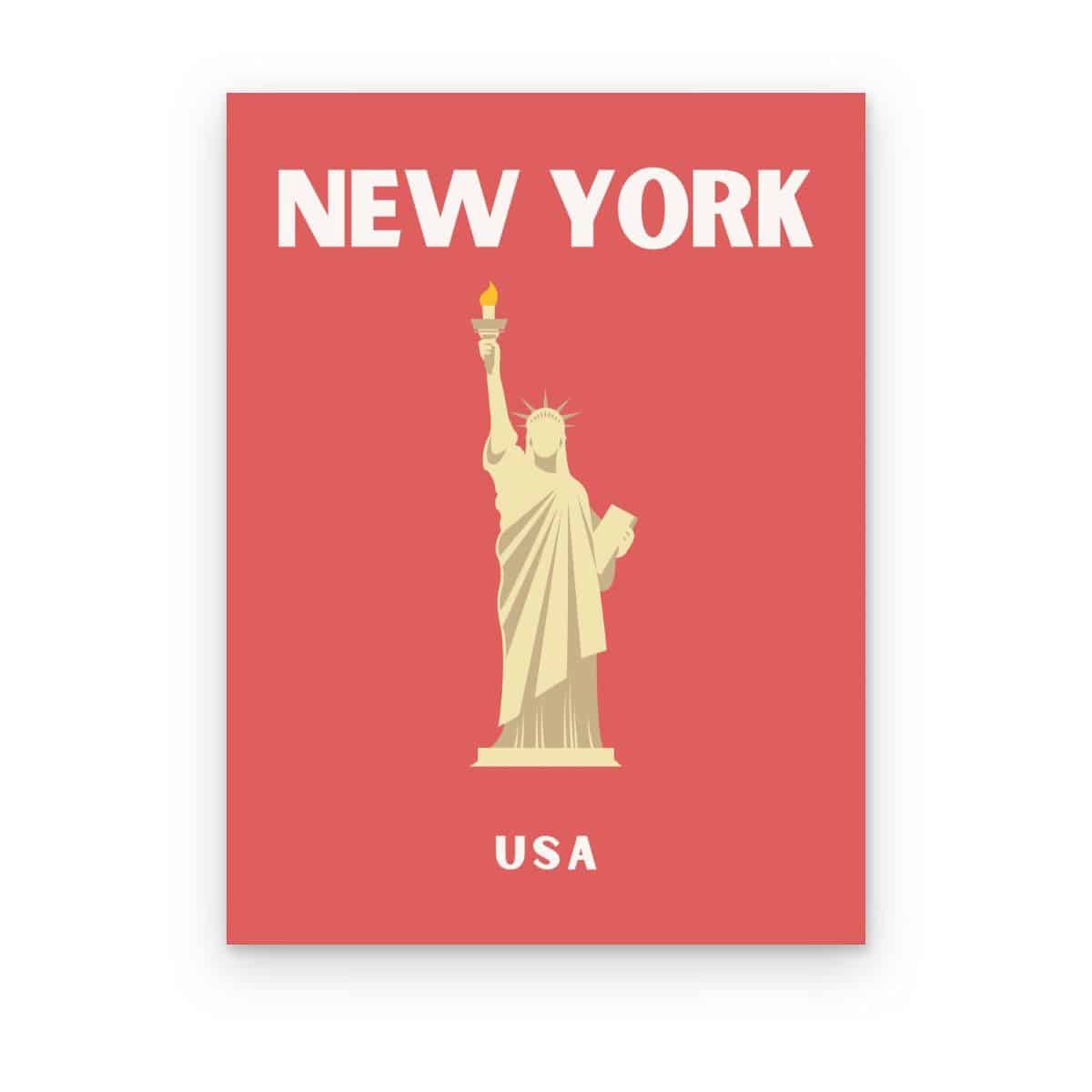 Cuadro Nueva York Preppy impreso en canvas, Estatua de la Libertad crema sobre fondo coral con letras blancas