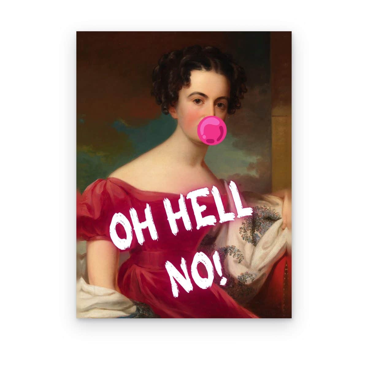 Cuadro Oh Hell No impreso en canvas, dama de vestido rojo con chicle rosa y letras blancas