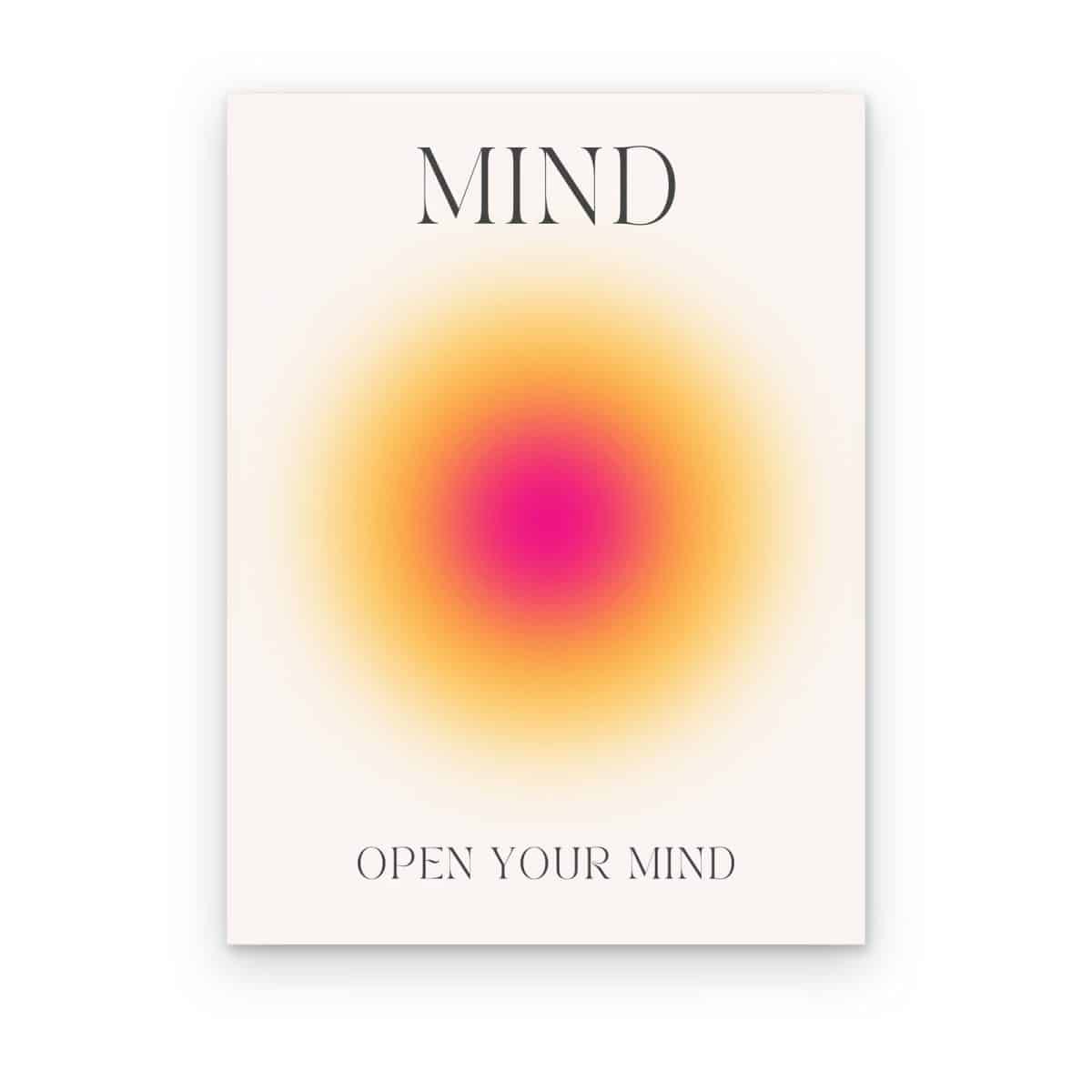 Cuadro Open Your Mind impreso en canvas, aura magenta y amarilla sobre fondo crema con la palabra MIND