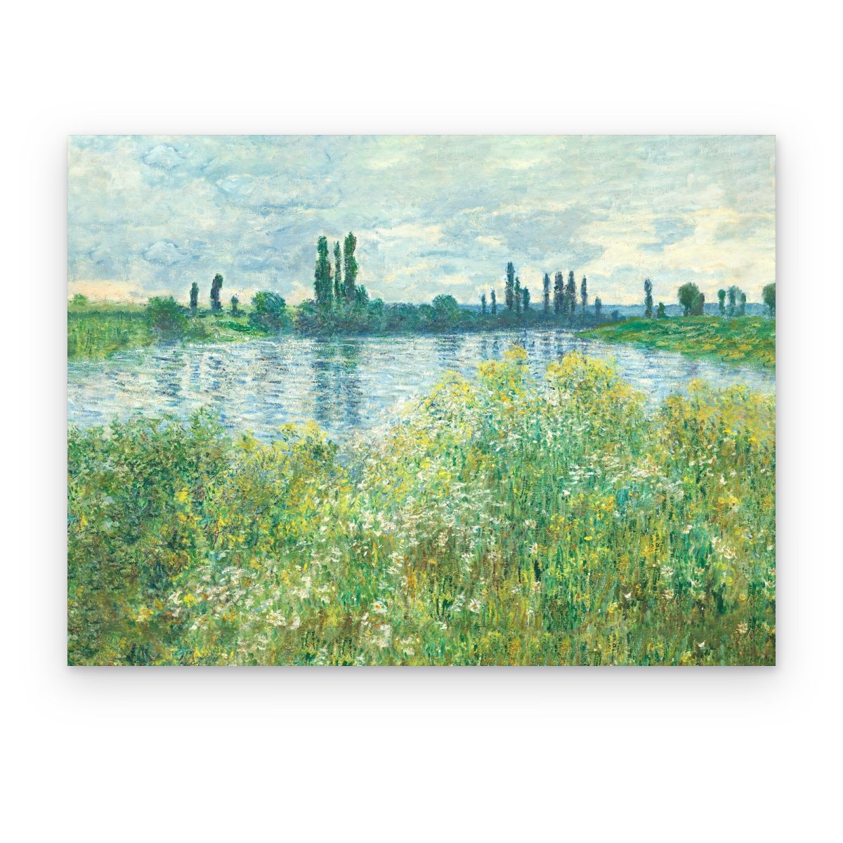 Cuadro Orillas del Sena impreso en canvas, flores amarillas junto al río y álamos al fondo